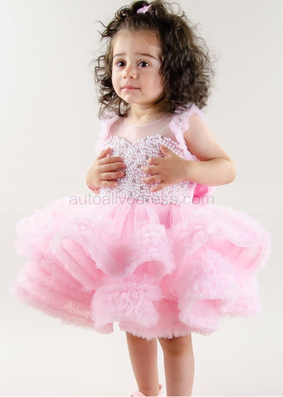 Pink Pearls Embellished Ruffle Tulle Flower Girl Dress